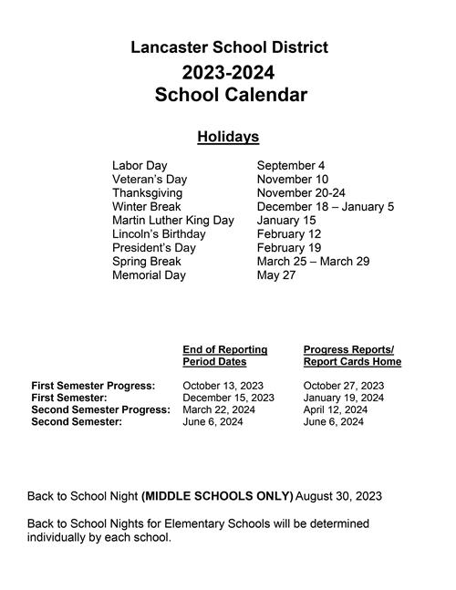 Student Calendar for the 2023-2024 School Year